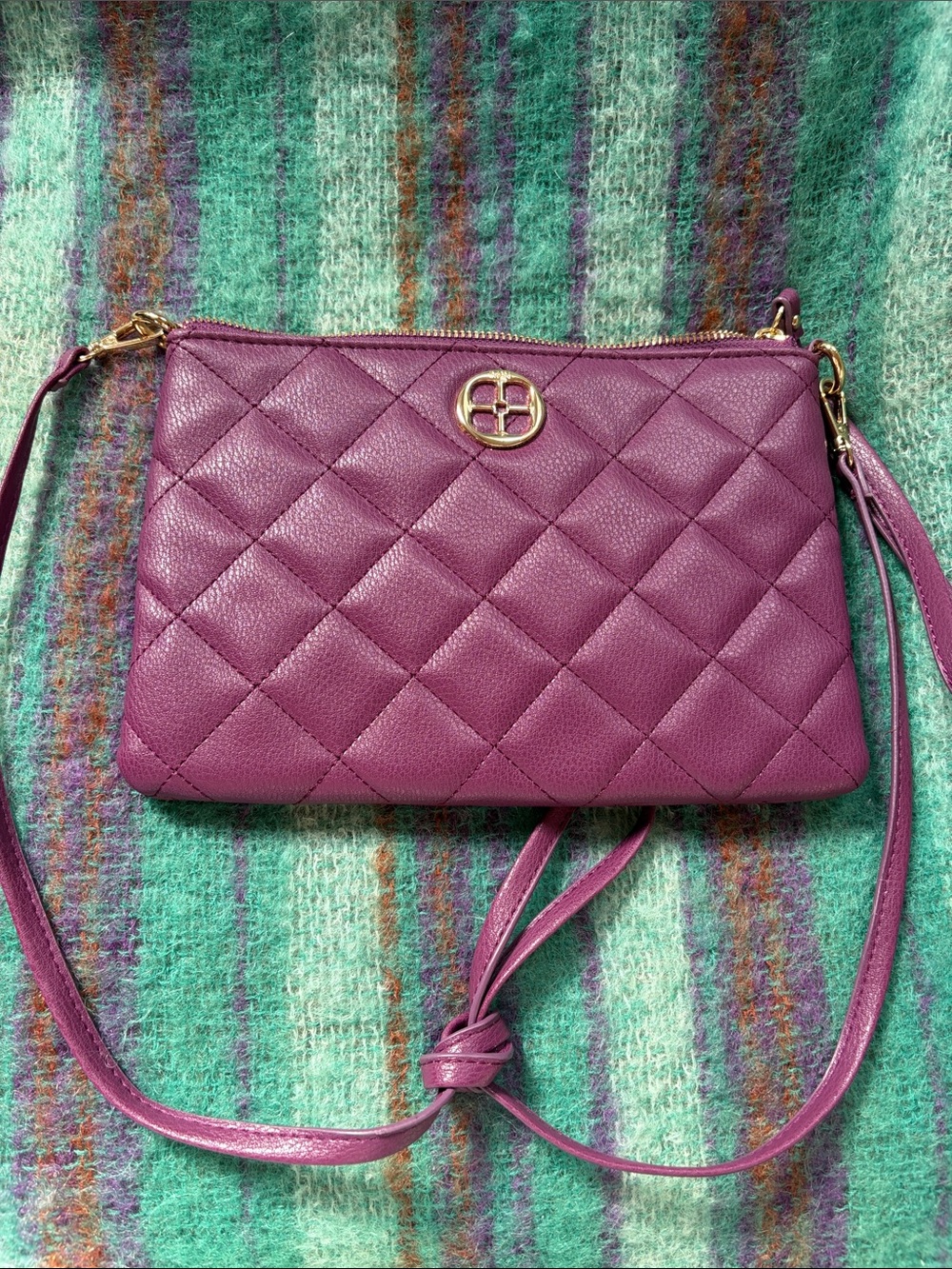 IMAN Quilted Plum Leather Crossbody with Gold Hardware